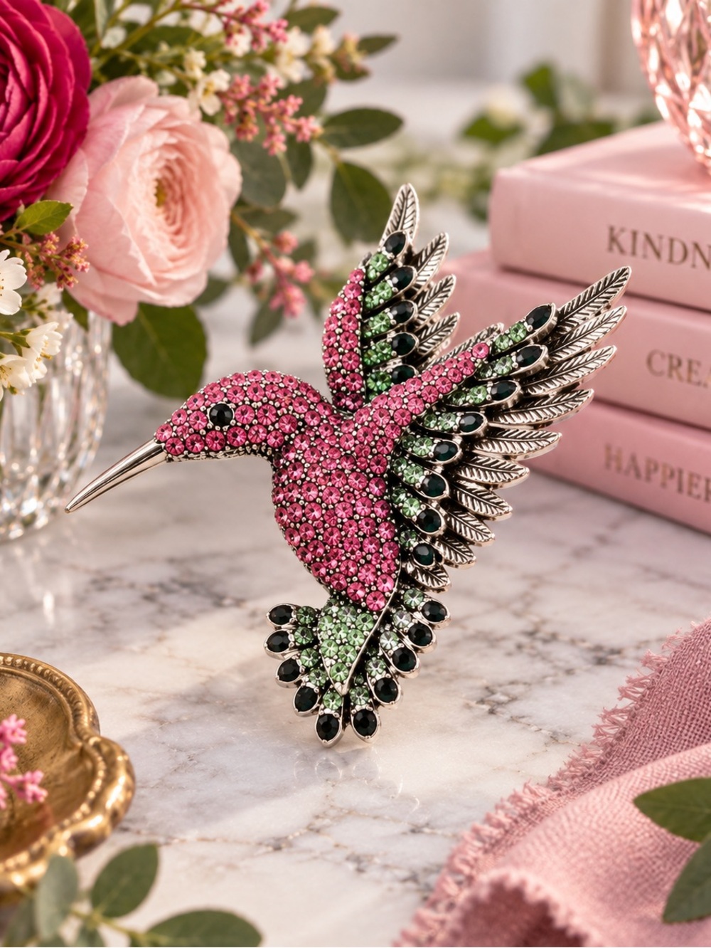 Sparkly New Pink Silver Hummingbird Brooch Pin Convertible Necklace • Version G
